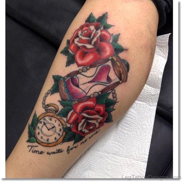 Beautiful Clock Tattoo On Leg