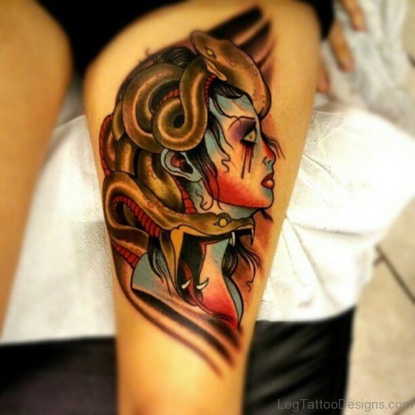 Beautiful Medusa Tattoo On Thigh For Girls