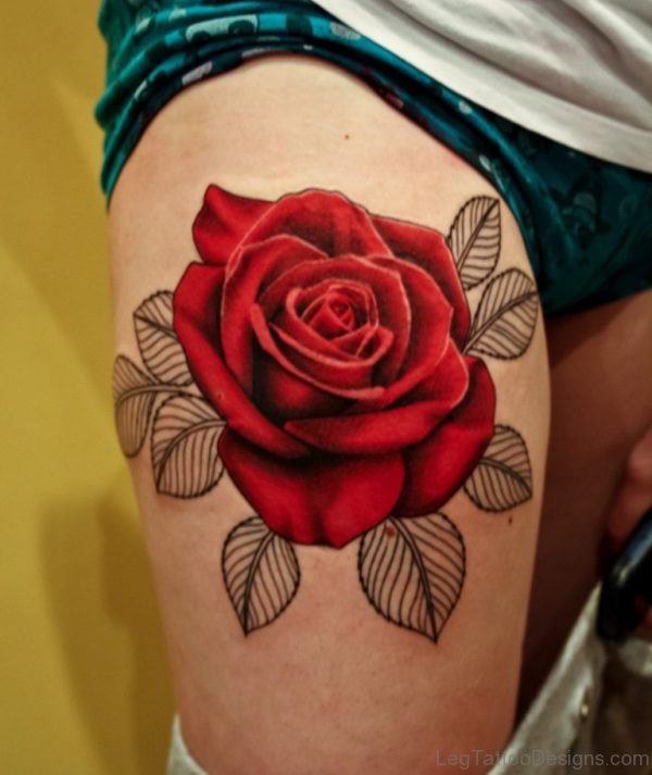 Beautiful Rose Tattoo On Thigh
