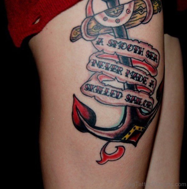 Best Wording Anchor Tattoo Design On Thigh