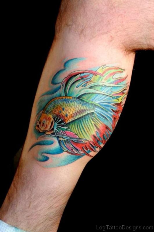 Betta Fiish Tattoo On Leg