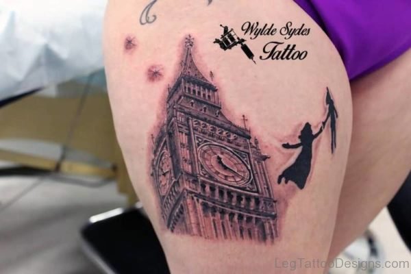 Big Clock Thigh Tattoo