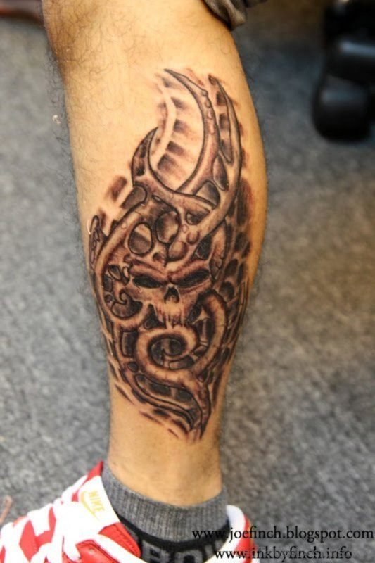 Biomechanical Skull Tattoo For Leg