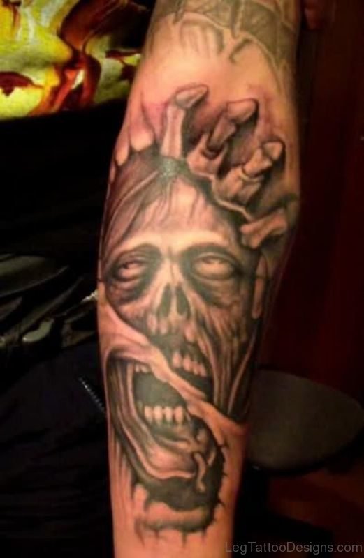 Black And Grey Ripped Skin Zombie Face Tattoo