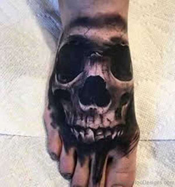 Black And Grey Skull Tattoo On Right Foot