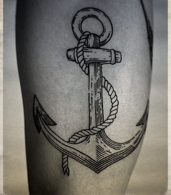 Black And White Anchor Thigh Tattoo