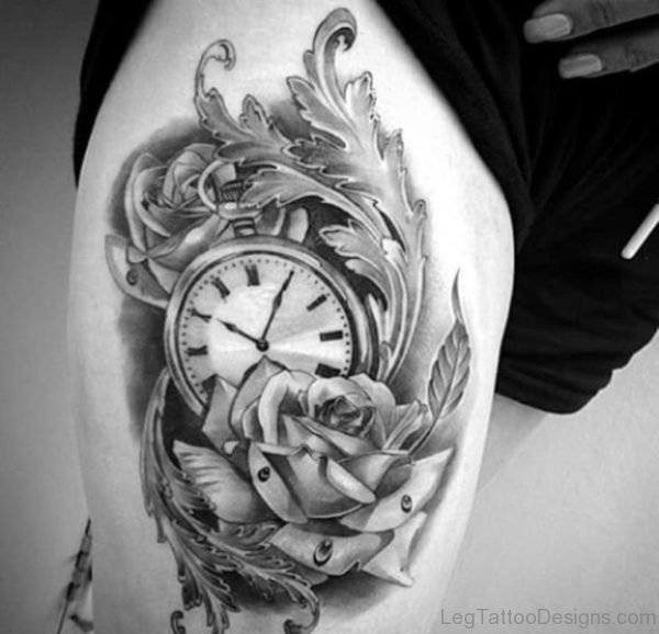 Black And White Clock Tattoo On Thigh