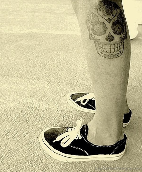 Black And White Mexican Sugar Skull Tattoo On Leg
