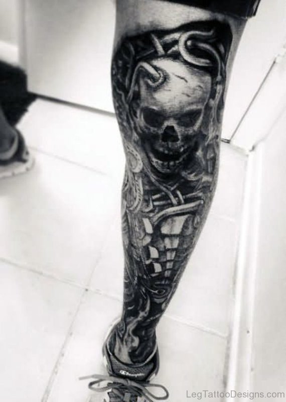 Black And White Skull Tattoo On Full Leg