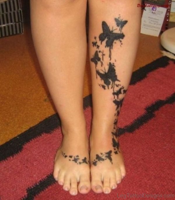 Black Butterfly Tattoo On Leg