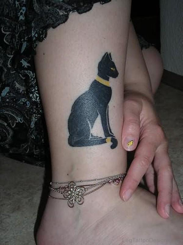 Black Cat Tattoo Design On Leg