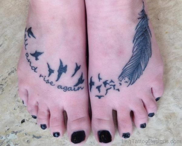 Black Ink Feather Tattoo On Foot