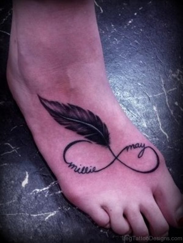Black Ink Infinity Feather Tattoo On Foot