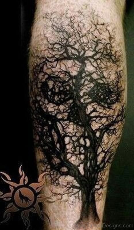 Black Ink Tree Skull Tattoo