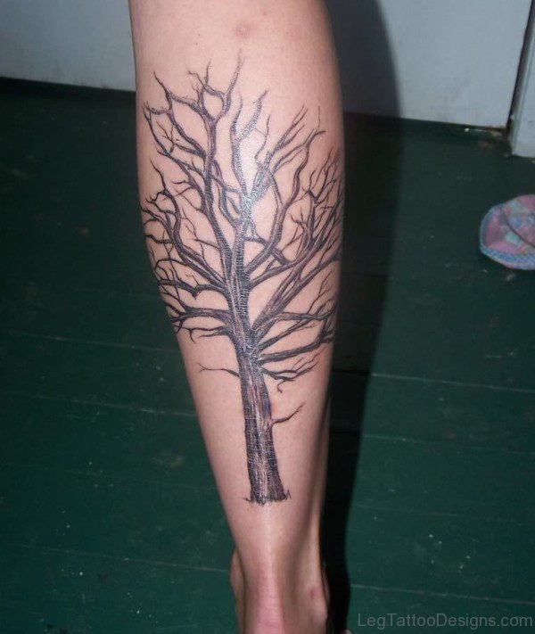 Black Ink Tree Without Leaves Tattoo On Leg Calf