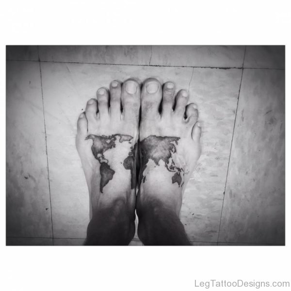 Black Ink World Map Tattoo On Feet