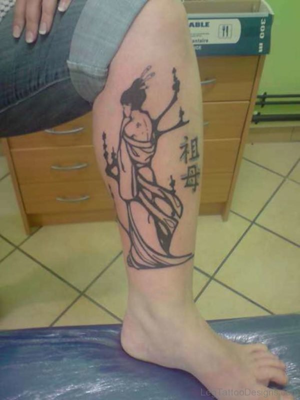 Black Nice Geisha Tattoo On Leg