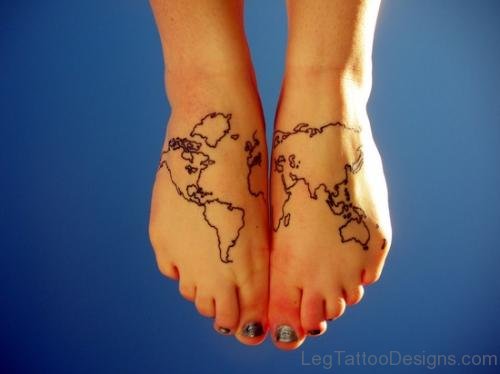Black Outline World Map Tattoo On Girl Feet