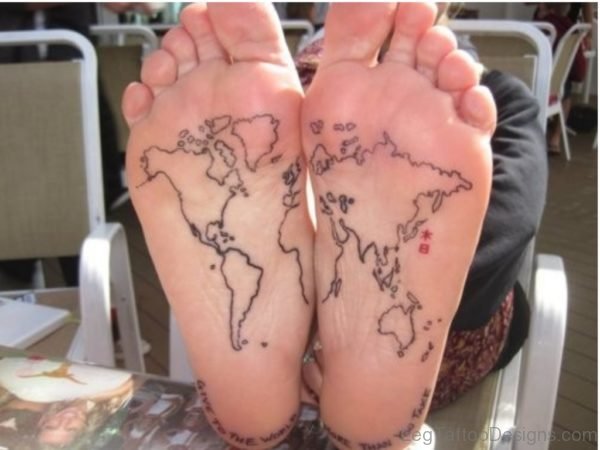 Black Outline World Map Tattoo On Under Feet