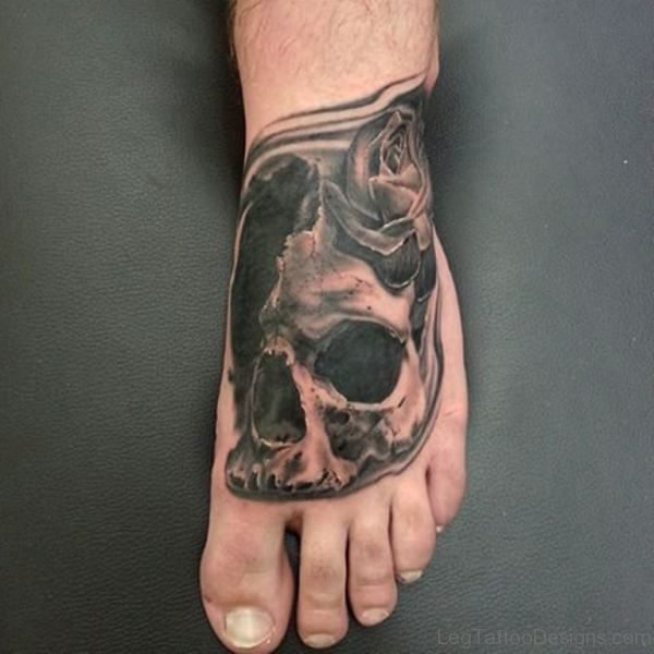 Black Rose And Women Foot Skull Tattoo