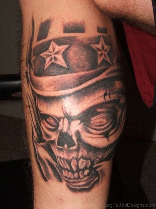 Black Scary Skull Tattoo On LEg