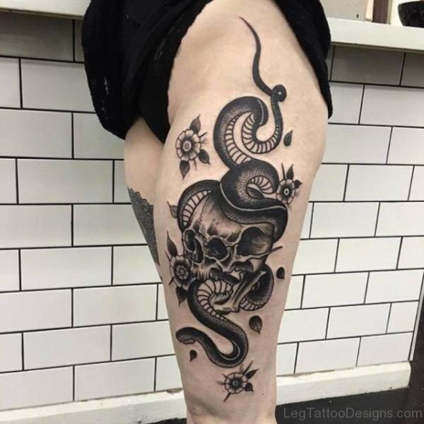Black Skull And Snake Tattoo