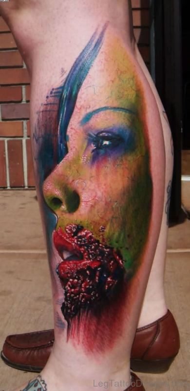 Bloody Zombie Chick Tattoo On Leg