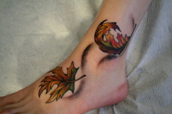Blowing Leaves Tattoos On Foot