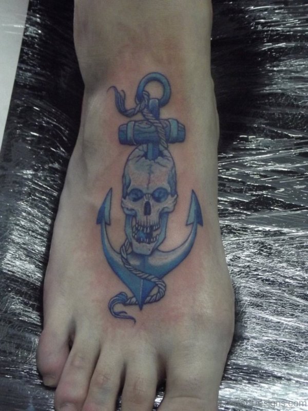 Blue Anchor Skull Tattoo On Foot