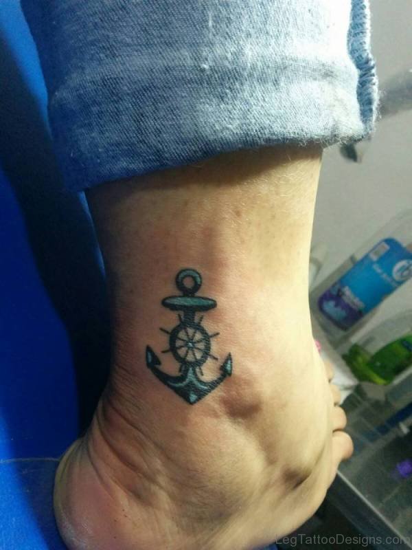 Blue Anchor Tattoo On Ankle