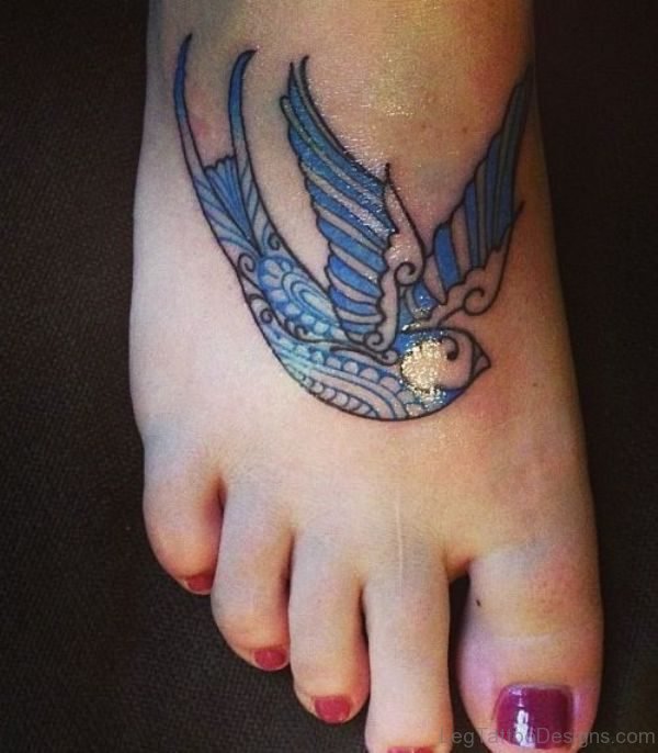 Blue Cute Bird Tattoo On Foot