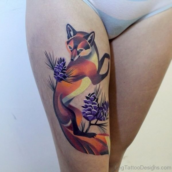 Blue Flowers And Fox Tattoo