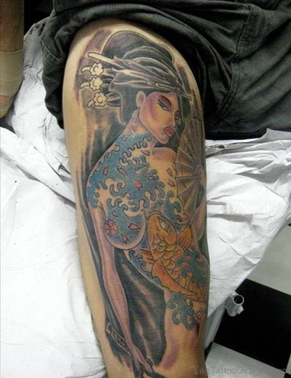 Blue Ink Geisha Tattoo On Right Leg