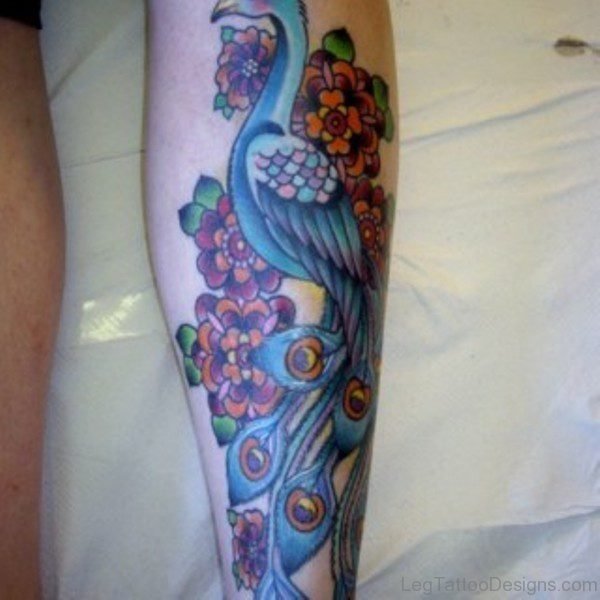 Blue Peacock Tattoo On Leg