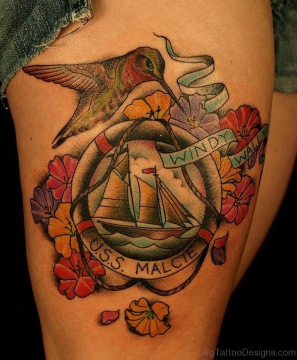 Boat And Bird Tattoo On Thigh