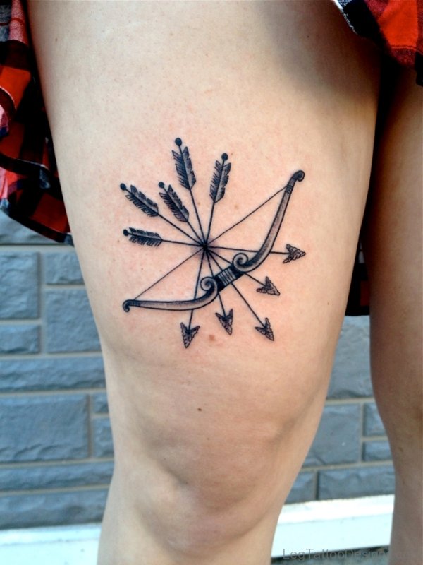 Bow And Arrow Tattoo On Thigh