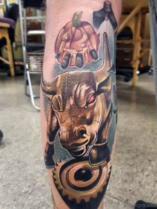 Brown Taurus Tattoo On Leg
