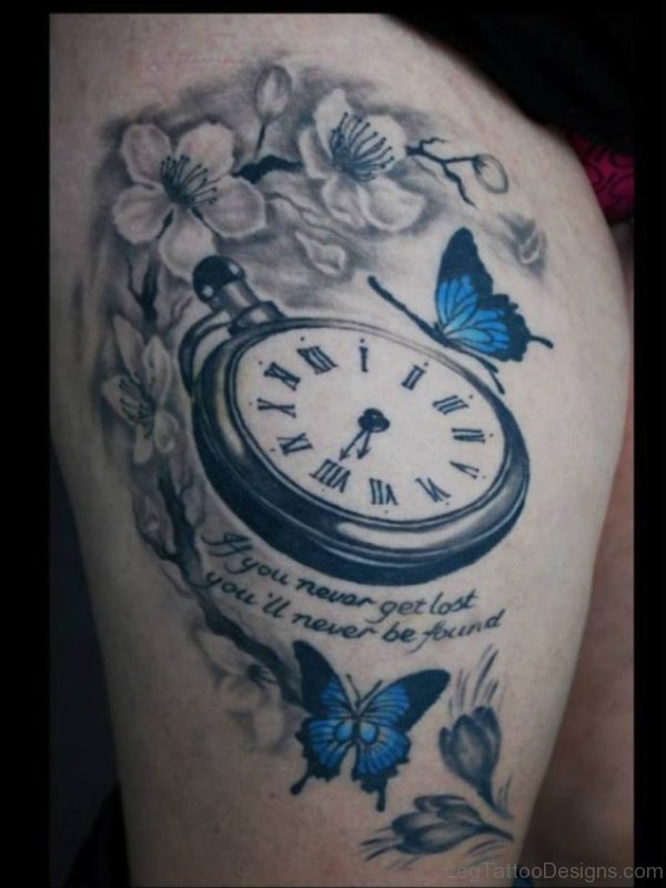 Butterfly Clock Tattoo On Thigh