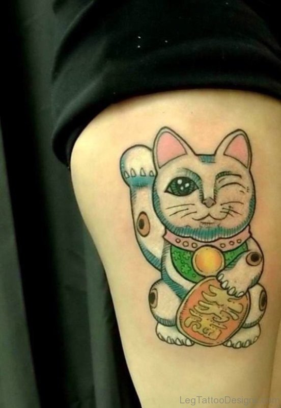 Cat Cartoon Tattoo On Thigh