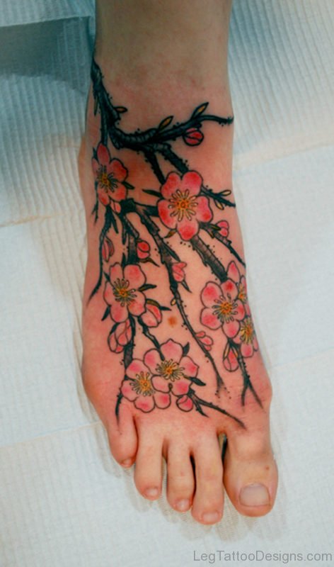 Cherry Blossom Flower Tattoo On Foot 