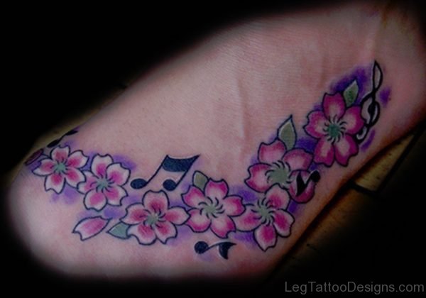 Cherry Blossom Music Note Tattoo On Foot