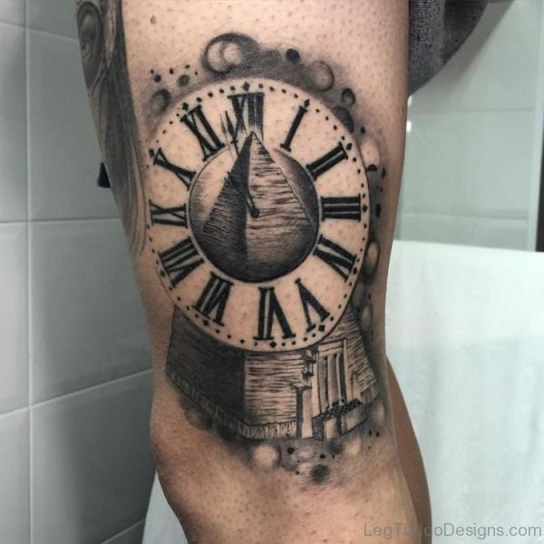 Classy Clock Thigh Tattoo
