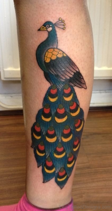 Classy Peacock Tattoo On Leg