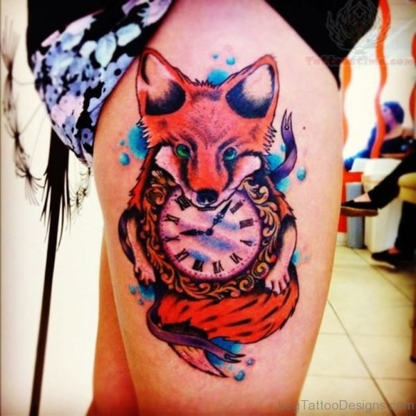 Clcok And Fox Tattoo
