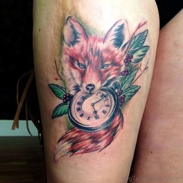 Clock And Fox Tattoo