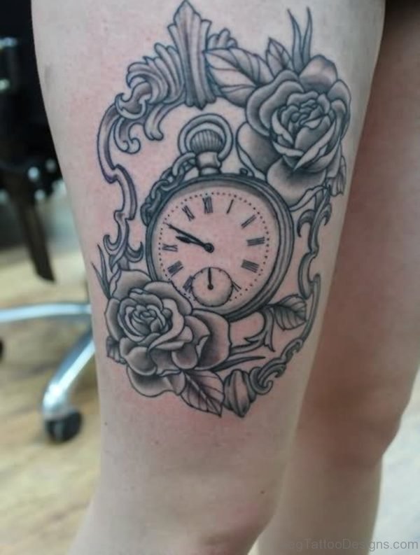 Clock And Rose Tattoo On Thigh