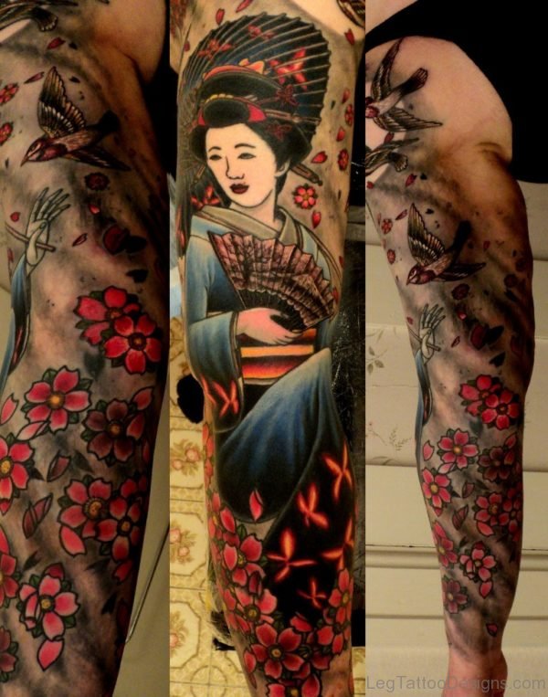 Color Flowers And Geisha Tattoo