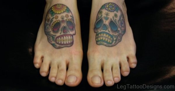 Color Ink Sugar Skull Tattoos On Feet