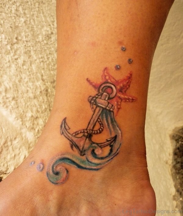 Colored Anchor Tattoo On Ankle