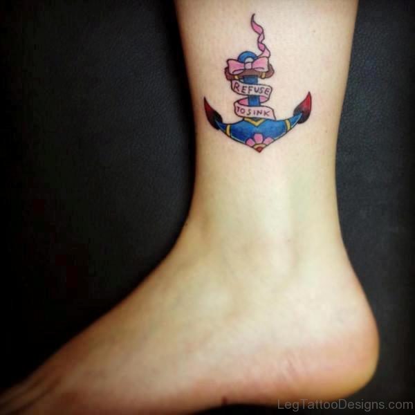 Colored Anchor Tattoo On Leg